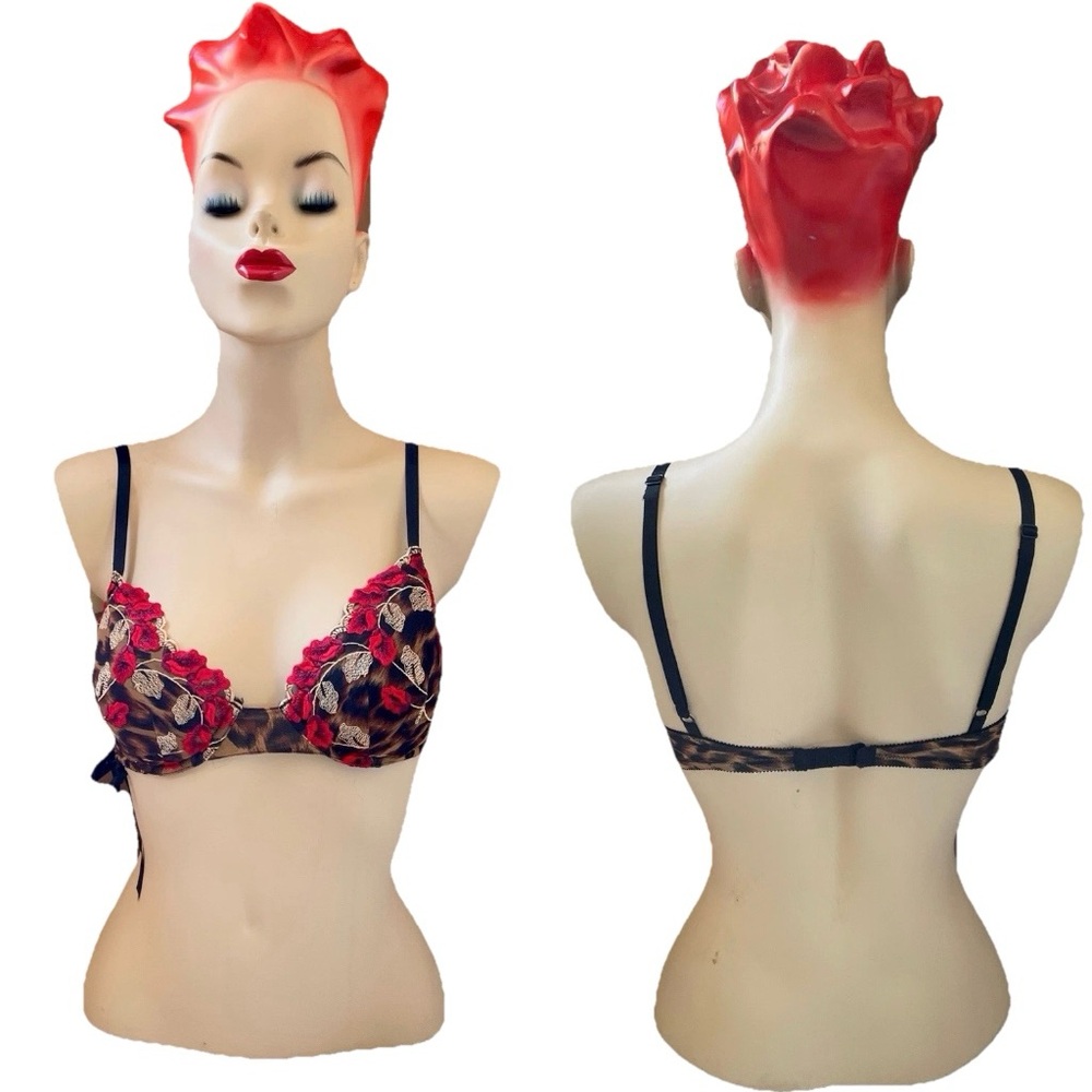 FREDERICKS of HOLLYWOOD Vintage Y2K LEOPARD Roses Corset Underwire BRA Size 34B